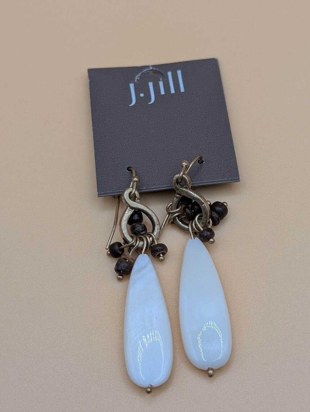 J. Jill White Shell Teardrop Dangle Earrings with Brown Accent Beads NWT $29
